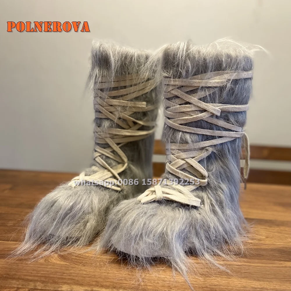 Furry Fur Cross Tied Knee-High Boot Round Toe Thick Sole Women Soft Snow Boots Sexy Warm Plus Size Booties 2024 Winter Newest