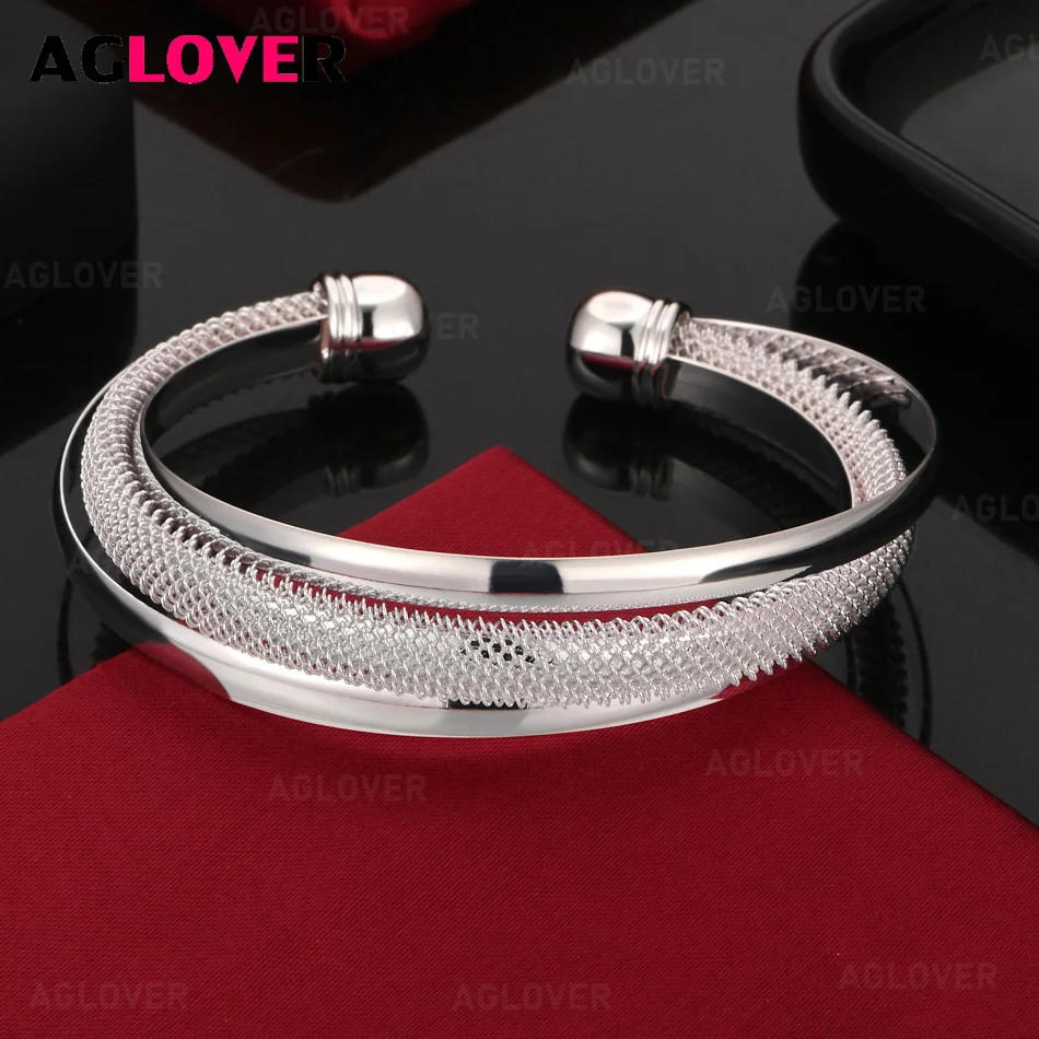 

AGLOVER 925 Sterling Silver Mesh Woven Mesh Bevel Opening Bracelet Noble And Versatile Women'S Birthday Gift Jewelry