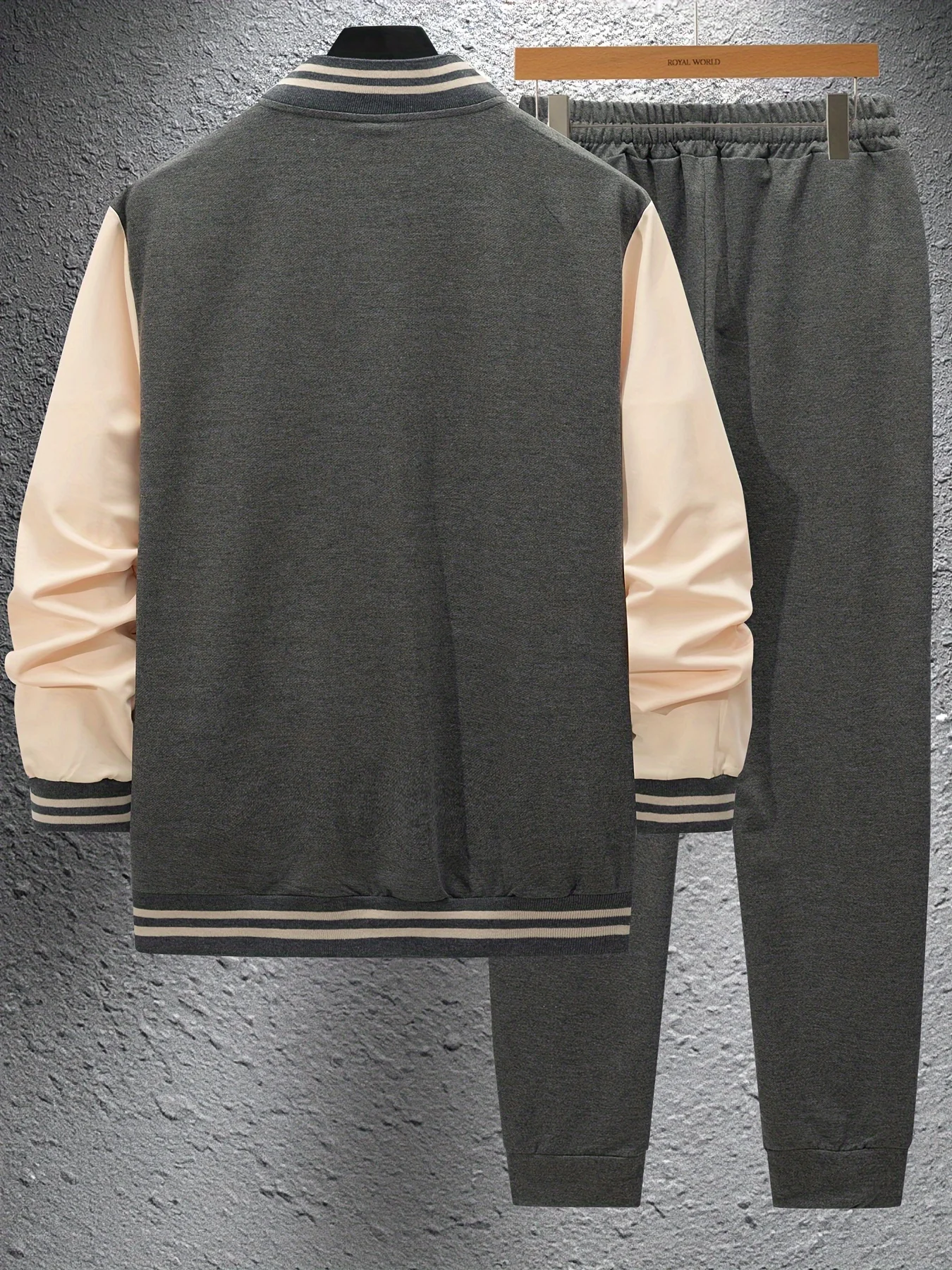 طقم جاكيت وسراويل بيسبول كاجوال للرجال من ألياف البوليستر - مسحوق الألوان، زر لأعلى، مع تفاصيل الحزام، مناسب للربيع/الاتحاد الأفريقي