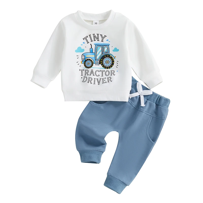 Herfstoutfits voor peuterjongens Tractor Letterprint Sweatshirt met lange mouwen en ronde hals en effen kleur broek 2-delige set