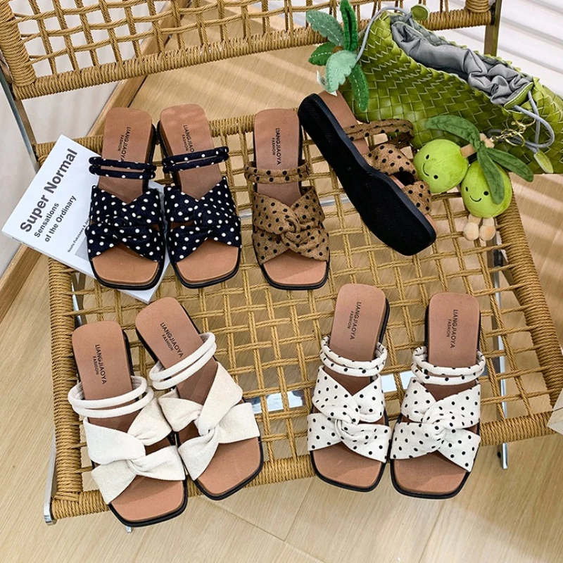 

New Summer Polka Dot Two Strap Women Slippers Concise Open Toe Platform Heel Shoes Ladies Non-slip Beach Vacation Dress Slides