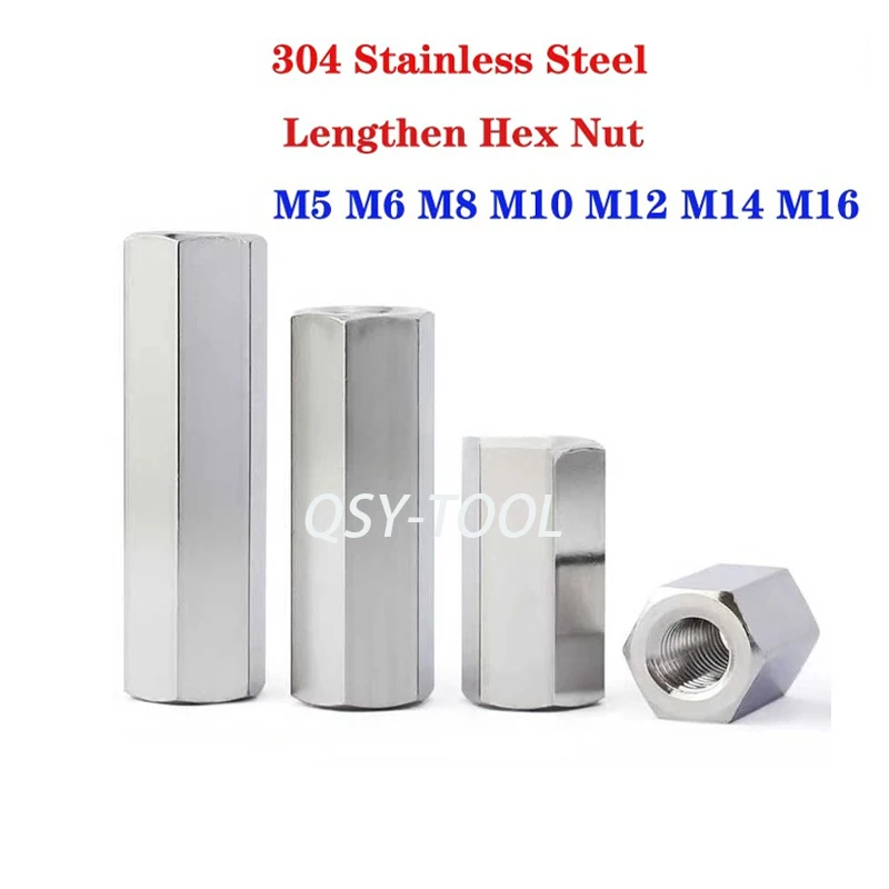 304 Stainless Steel Lengthen Hex Column Joint Coupling Nut Connect Standoff Hexagon Extended Nuts Thread Rod Screw Cap M5~M16
