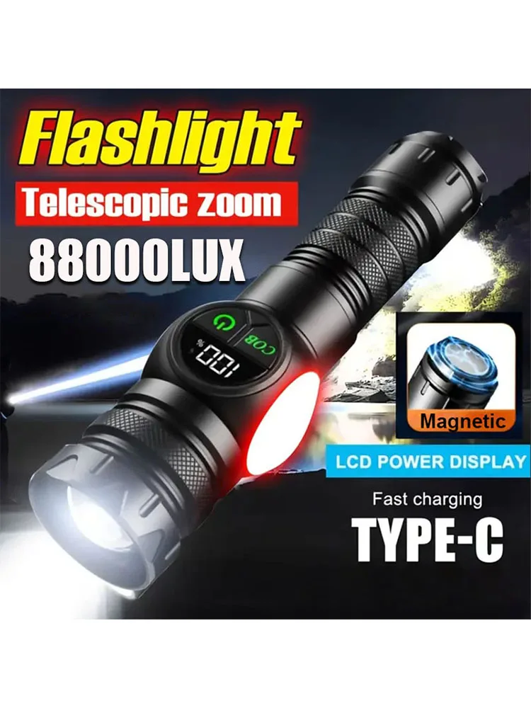 Lampe de poche LED, 5 Modes d'éclairage, lumière latérale rouge COB avec aimant, torche Rechargeable par USB, batterie intégrée pour la randonnée