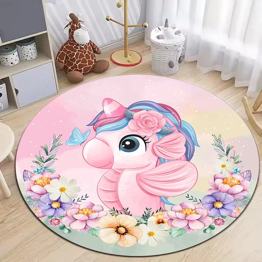 Pink Unicorn Round Rug Living Room Sofa Decor Rug Nursery Children Play Mat Kid's Bedroom Bedside Floor Mat Hallway Nonslip Rug