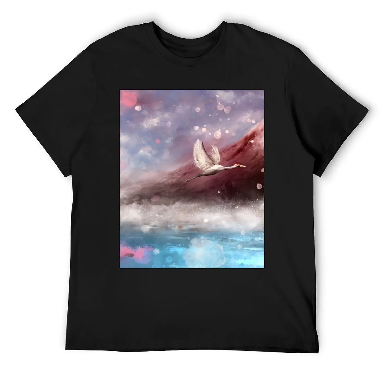 A Dreamy Painting of Mount Fuji, with Pink Cherry Blossom and a Crane Flying T-Shirt tees shirts graphic T-shirts for men cotton