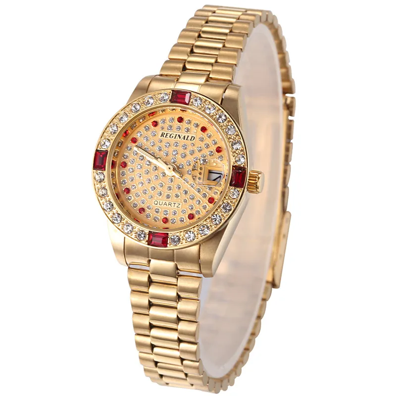 Fashion REGINALD Top Brand Full Golden Stainless Steel Watch Date Crystal Styles Ladies Dress Clock Water Proof Dress Wristwatch