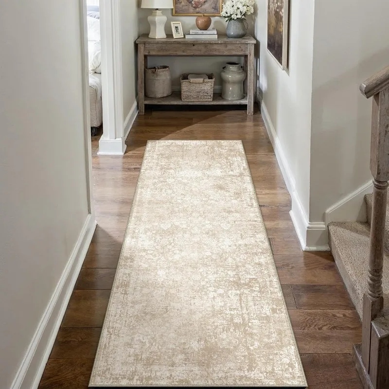 Runner Rug Beige Modren Neutral Hallway Kitchen Farmhuose Area Rug Bedroom Side Indoor Carpet Non Slip Low Pile Sof