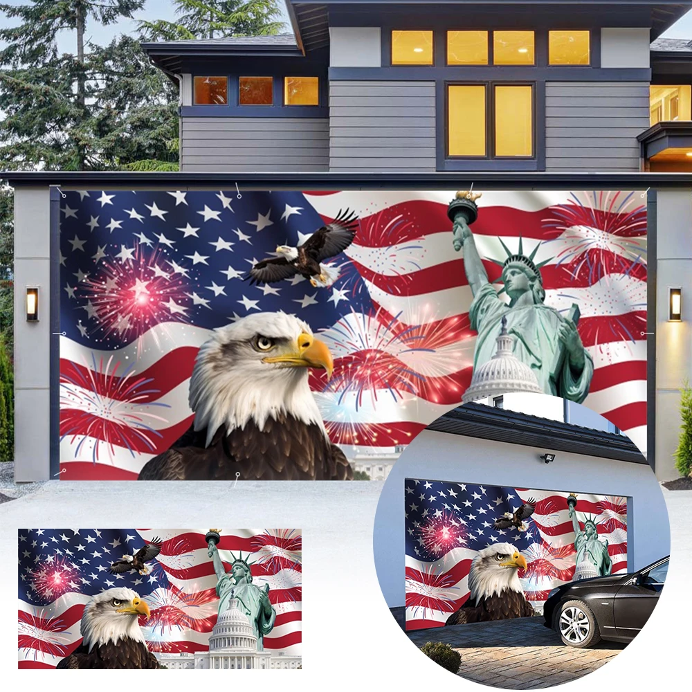 USA New Year Fireworks Statue of Liberty Garage Door Banner Large Decoration 2025 New Year Yard Garden Background American Flag