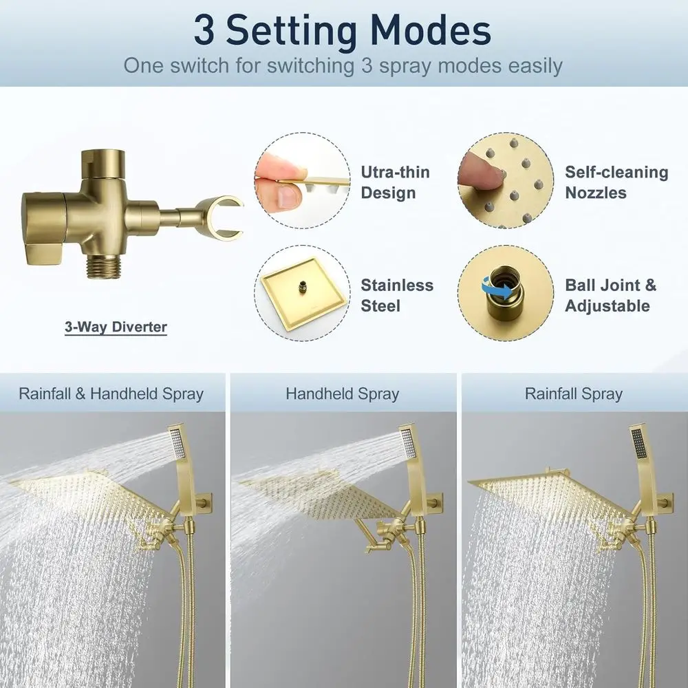 مجموعة دش معدنية محمولة للمطر مع ذراع قابل للتعديل، 70 خرطوم، محول ثلاثي الاتجاهات، ذهبي مصقول