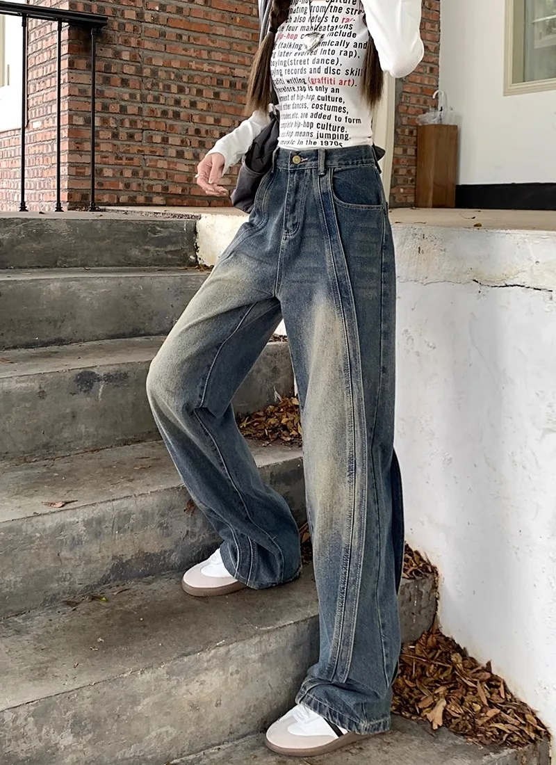 

Women's Straight Cargo Jeans High Waist American Streetwear Vintage Pants Chic Design Casual Ladies Denim Wide Leg Trouser