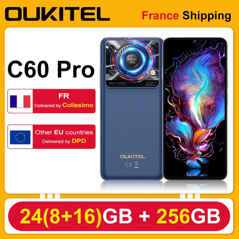 OUKITEL C60 Pro Android 15 Smartphone 24 (8 + 16) GB RAM 256GB ROM 4G 10000mAh 18W 6.88 "HD 90Hz 13MP + 5MP NFC téléphone portable