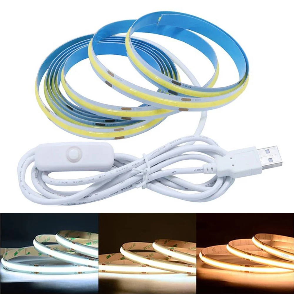 DC 5V LED COB Strip Light USB High Density Linear DIY 320LED/m Flexible LED Tape Lights Warm Natural White Lighting Home Decor