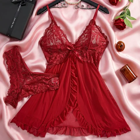 Summer Sexy Lingerie Dress Women Lace See Through Nightdress Sleepwear Solid Slim Soft V Neck Full Slip Sleepwear & Dresses