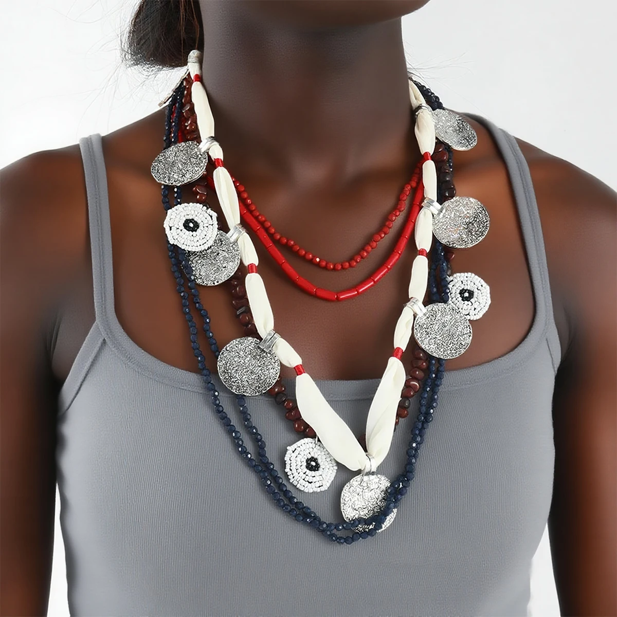 

3Pcs/set ZAA Beaded Round Coin Medallion Pendant Necklace for Women Multi-layered Vintage Ethnic Style Neck Jewelry Accessories