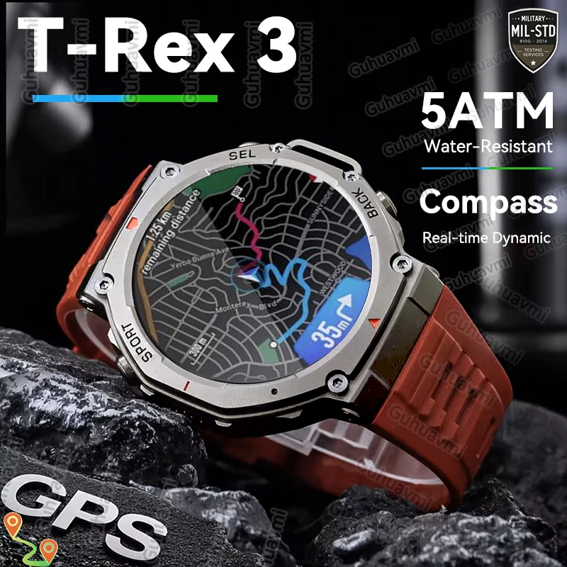 

T-Rex 3 Умные часы для улицы, AMOLED-дисплей 48 мм, 6 спутниковых систем, двухдиапазонная GPS-навигация, срок службы батареи, 50 м, фридайвинг
