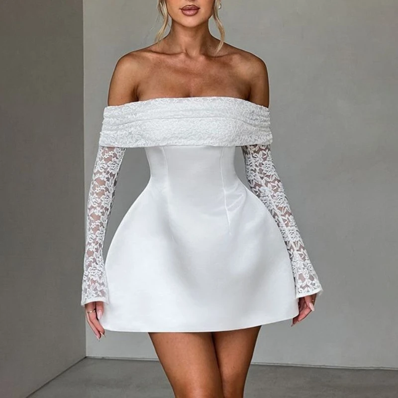 

Women's Autumn and Winter New Sexy One Shoulder Lace Patchwork Slim Fit Dress