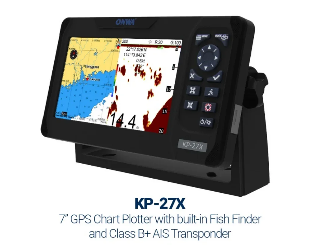 Plotter de gráfico GPS marinho IP66 4 em 1 com ecos sonoro com localizador de peixes embutido AIS ONWA KP-27X 7 polegadas