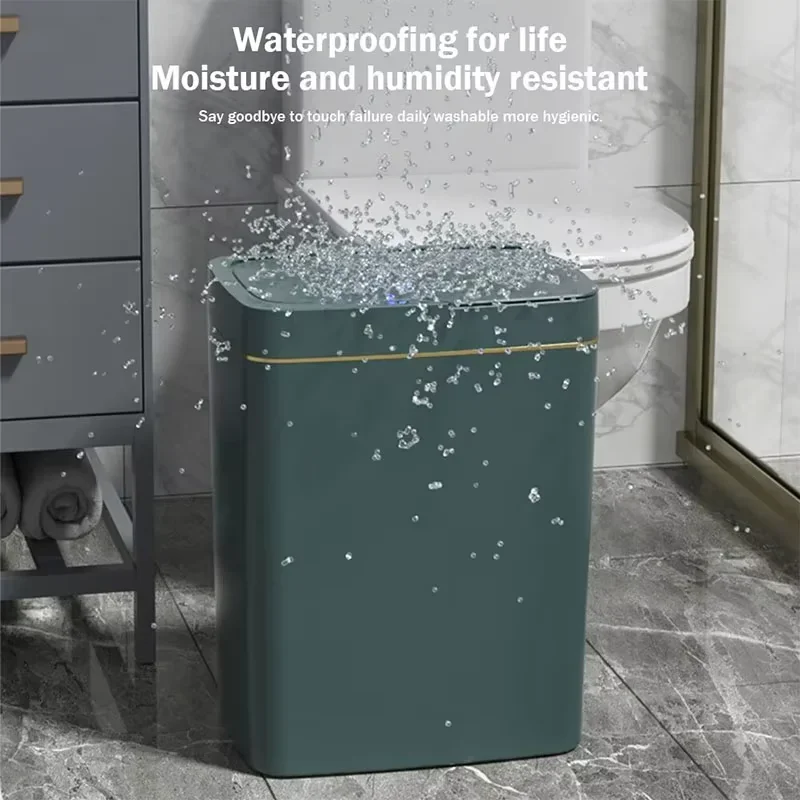 Bote de basura con sensor inteligente estrecho sin contacto, bote de basura electrónico con ensacado automático de 15L para hogar inteligente, bote de basura para baño verde