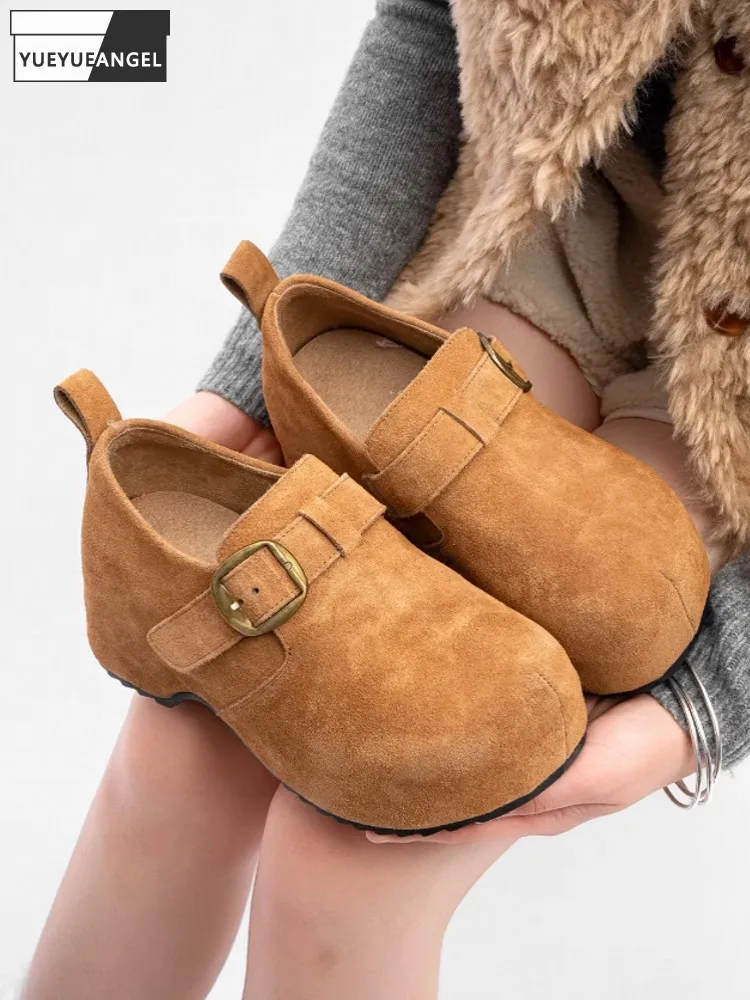 

Retro Female Autumn Winter Casual Buckle Cow Suede Leather Height Increase Round Toe Comfortable Pumps High Street Fashion Shoes