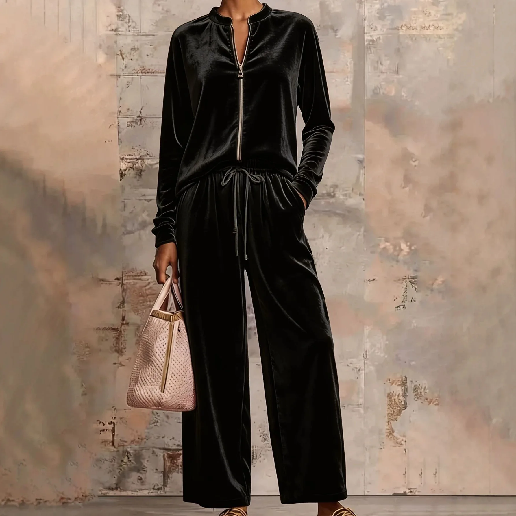2026 Women's Gold Velvet Sweatshirt Jacket And Wide-leg Pants. Set With Killed Effect And High Waist Summer Long Dress Outfits