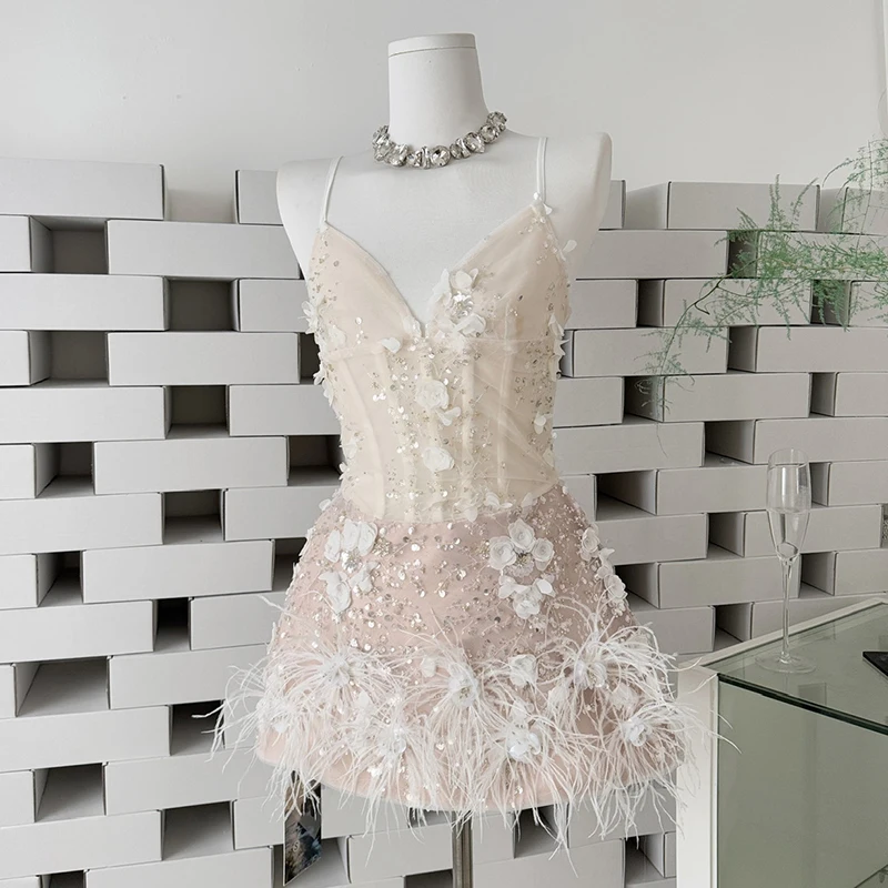 

Summer Women Tulle Prom Dress Elegant 3D Flower Lace Strap Mini Dress Evening Party Gown Wedding Guest Bridesmaid Short Dress