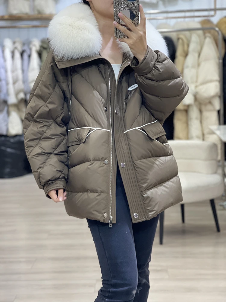 Women New Fashion Winter Warm Goose Down Jackets Natural Real Fox Fur Collar Thick Female Outwear Coats Puffer Jackets