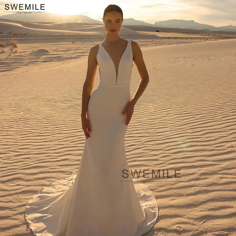 

SWEMILE Simple Mermaid Bows Wedding Dresses V-Neck Sleeveless Backless Satin Bridal Gown Sweep Train Vestidos De Novia Plus Size