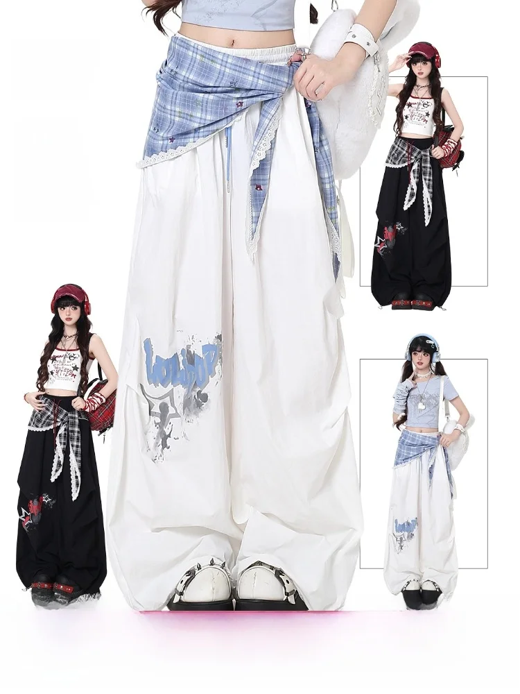 

Crazygirl Original Streetwear Loose Fit Dance Ready Casual Pants Spring Thin Checkered Pattern Natural Waist for Women