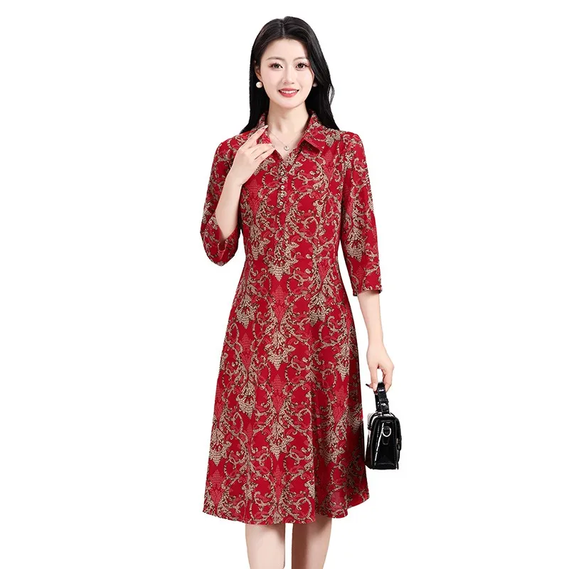 

Fashion Spring Summer Broken Flowers Dresses Lapel Spliced Button Women's Clothing 3/4 Sleeve Elegant A-Line Waist Midi Dress