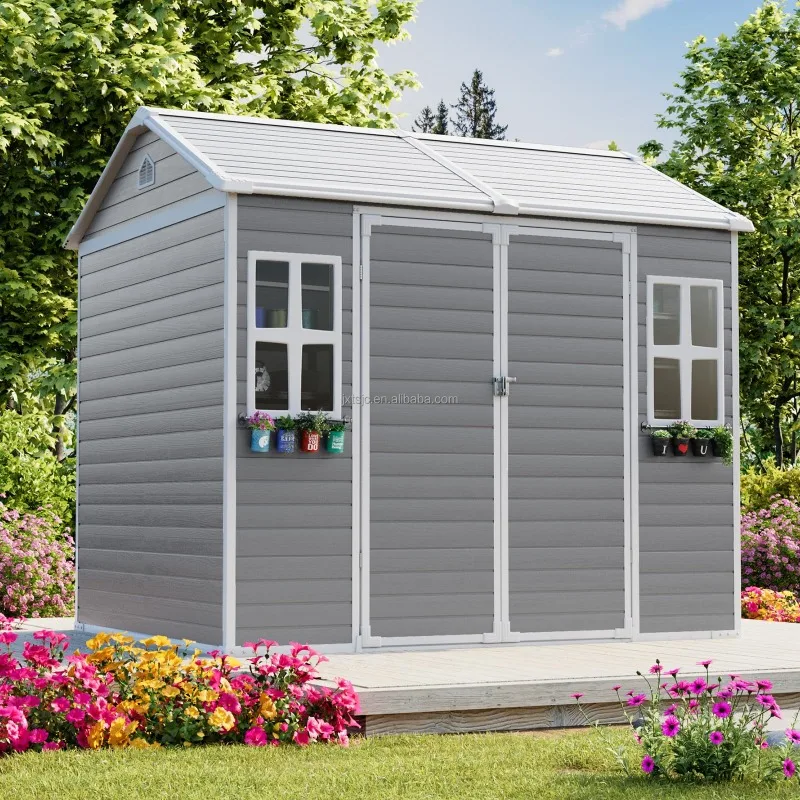 Dove Grey Resin Storage Shed Double Lockable Doors 2 Windows Vents-Waterproof Outdoor Patio Garden Lawn Tool Storage