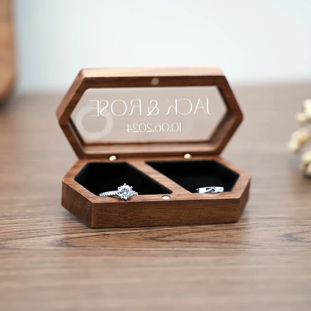 Free Custom Personalized Walnut Wooden Ring Box Engraved Engagement and Wedding Ring Holder Gift for Couples, Brides, and Grooms