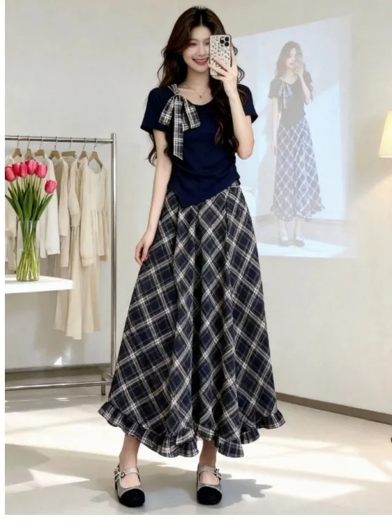 

Korean Chic High Waist Asymmetrical Skirt And Top Set Women's Fashion Breathable Polyester Summer Outfit V-Neck Short Sleeve