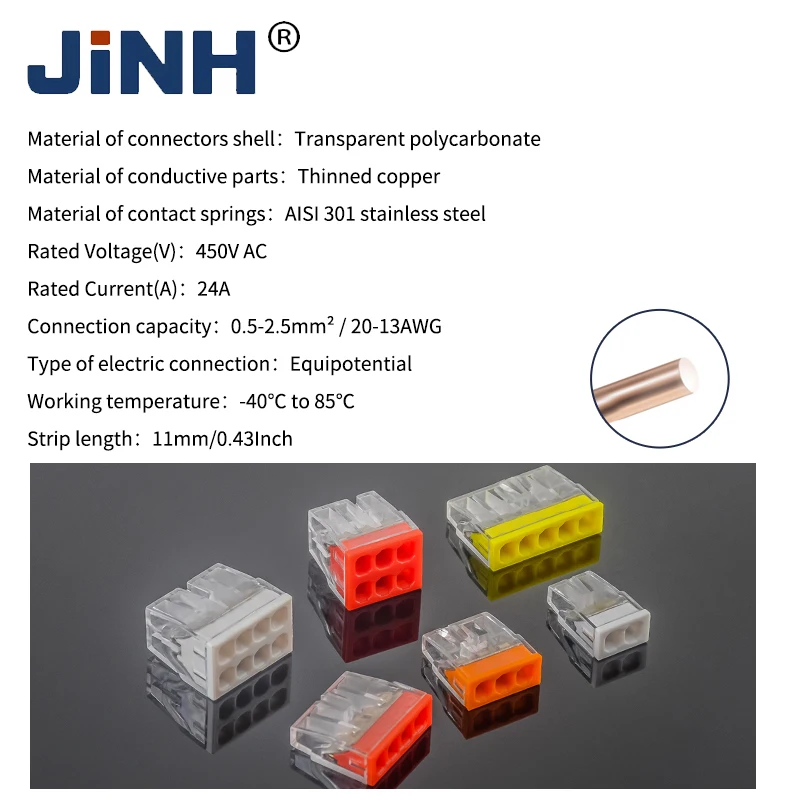 JINH CMK20-328 Mini Push-fit Transparent Splice Connector Kit 450V 25A 0.5-2.5mm² 2 to 8 Port Quick Wiring Terminal Block Set