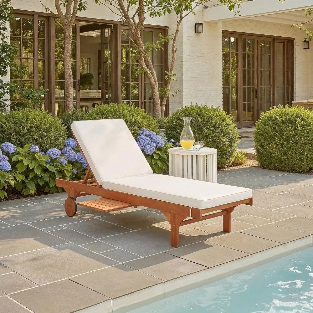 Outdoor Collection Newport Natural Beige Cushion with Built-in Side Table Adjustable Chaise Lounge Chair