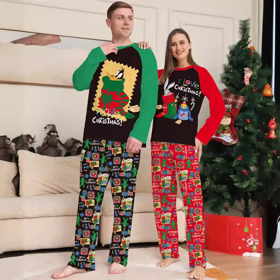 Family matching holiday pajamas red and green set, 2024 new color matching cute pattern Christmas family pajamas pants home wear