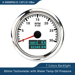 New Universal 85mm 3 in 1 Tachometer 3000 4000 6000 7000 8000 RPM with Oil Pressure Hours Water Temp Meter For Car Boat Yacht
