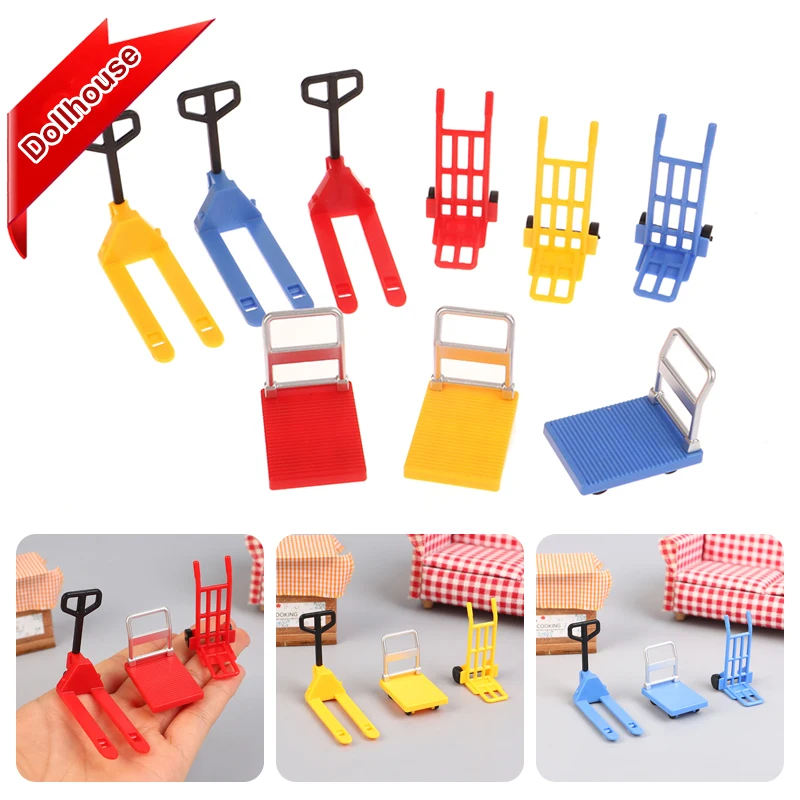 3Pcs 1:12 Dollhouse Miniature Cart Trolley Stair Climbing Machine Mini Outdoor Cart Forklift Moving Tools Model Home Decor Toys