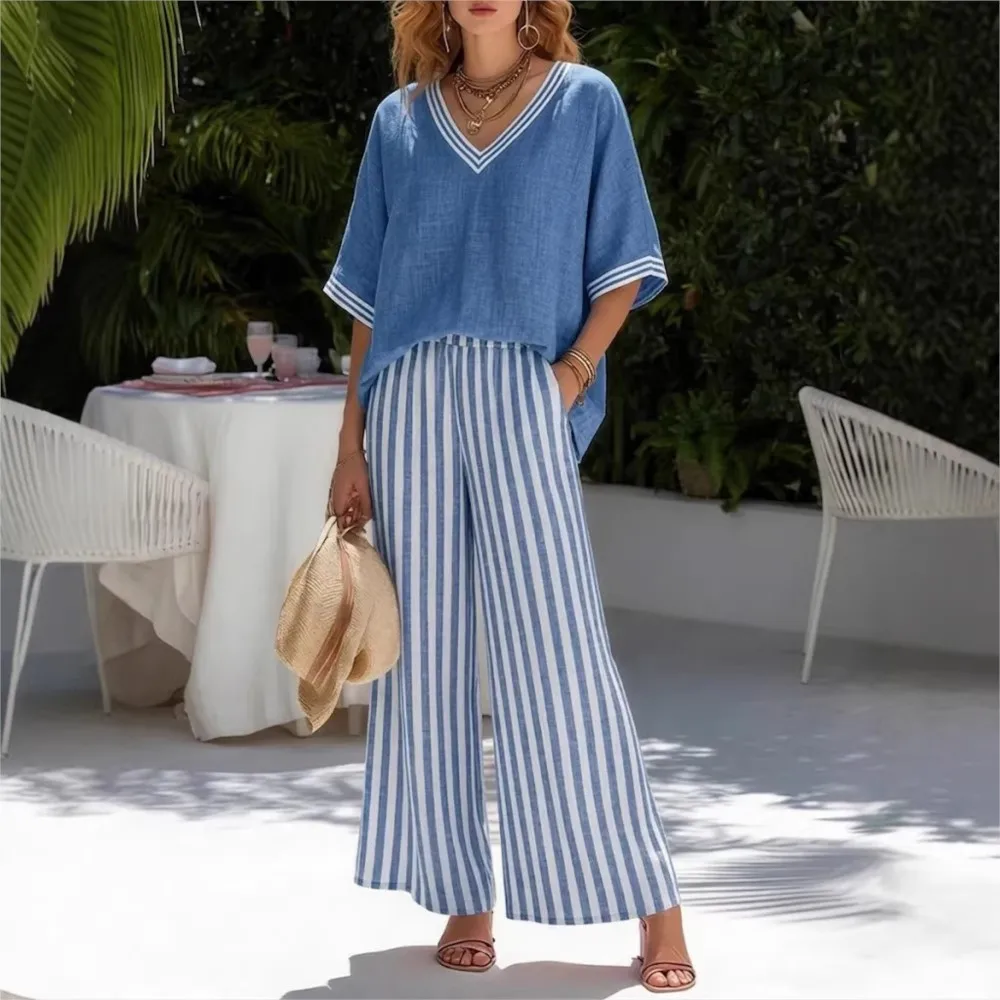 

Fashion Printed Striped V-neck Short-sleeved Top + Wide-leg Trousers 2-piece Set Summer Casual Simple 9-point Pants Vacation Set