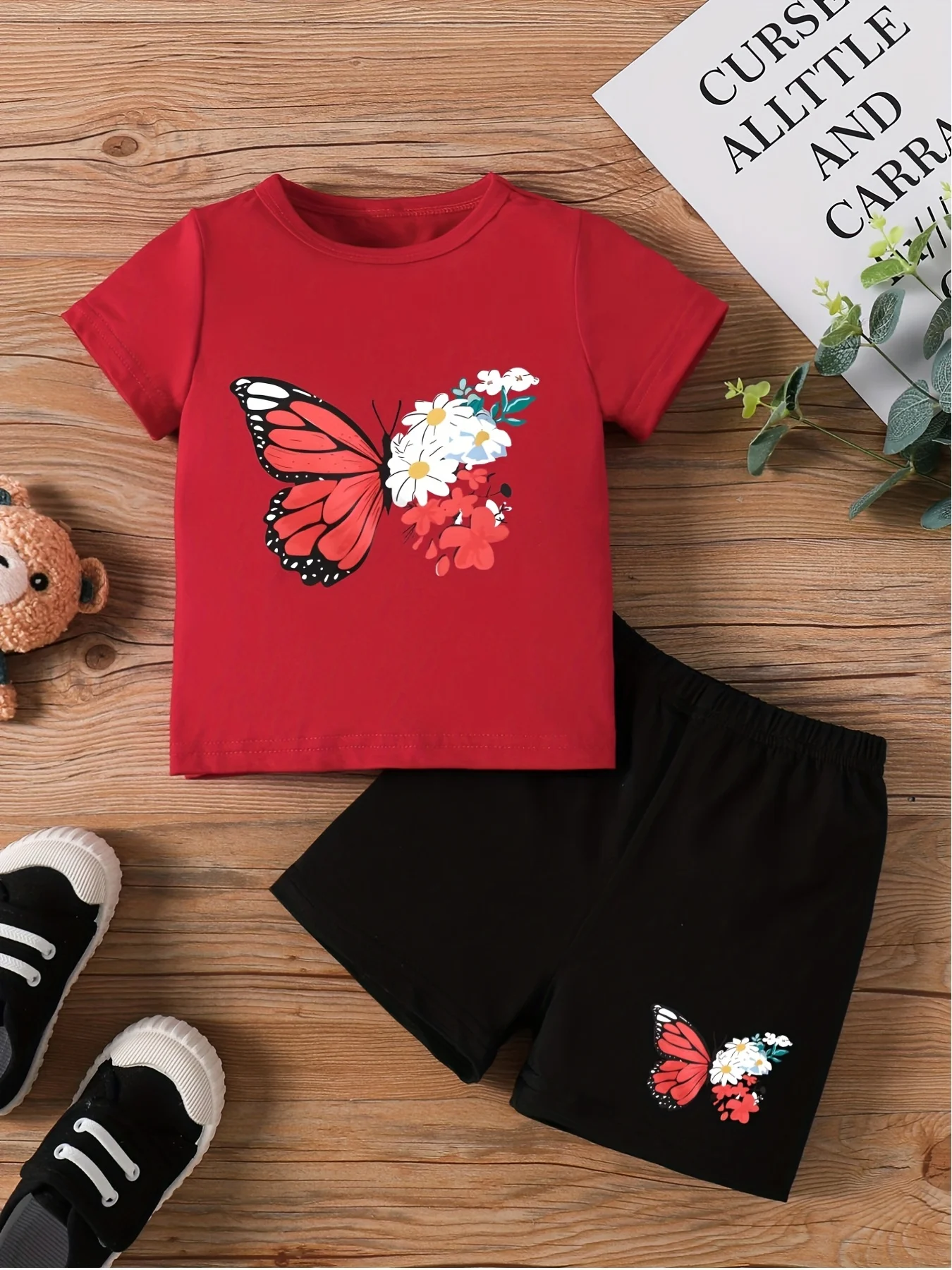 Red Tee & Black Shorts with Butterfly-Flower Print Set - Vitality Sweet Cool Girls’ Energetic Daily Summer Outfit