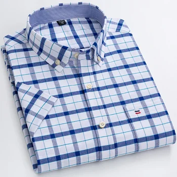 100% Cotton Breathable Men Oxford Short Sleeve Summer Plaid Shirts Striped Male Clothes Business Regular Fit Oversized 2
