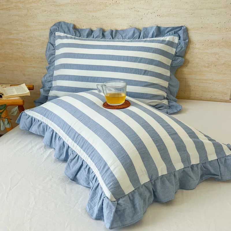 Elegant Stripe Ruffled Lace Pillowcase Soft Skin-Friendly Cotton Princess Pillowcases With Ruffles Pillow Cover For Adults Kids