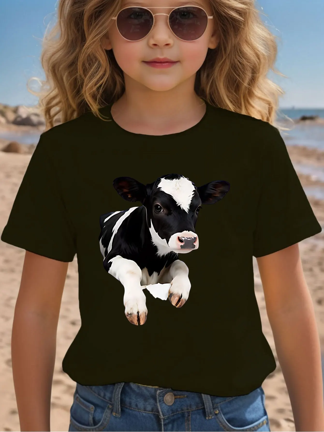 Realistic Little Dairy Cow Peeking Out Print Kids T Shirt Boys Girls Family Matching Parent Child Summer Crew Neck Casual Tee