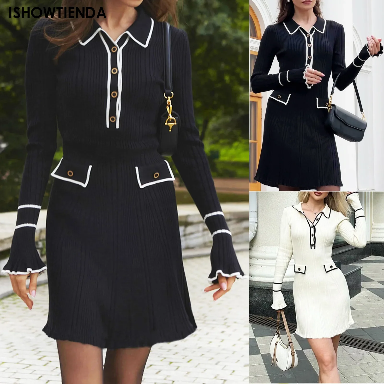 Autumn Winter Elegant Knitted Ruffles Dressres 2024 New High Waist Buttons Turn-down Collar Sweater Dresses Female Lapel Dress