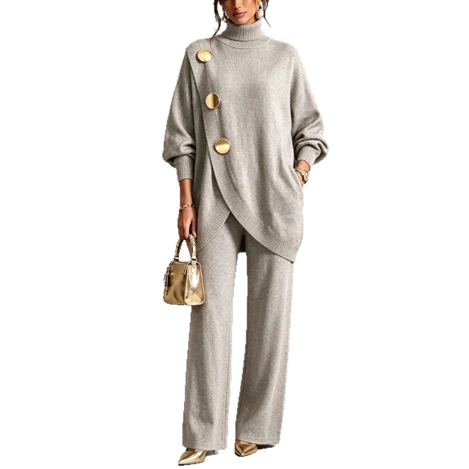 Autumn Winter Metal Button Knitted Two Piece Set Women New High Collar Sweater Wide Leg Long Pant Set Elegant Pullover Suits image 6