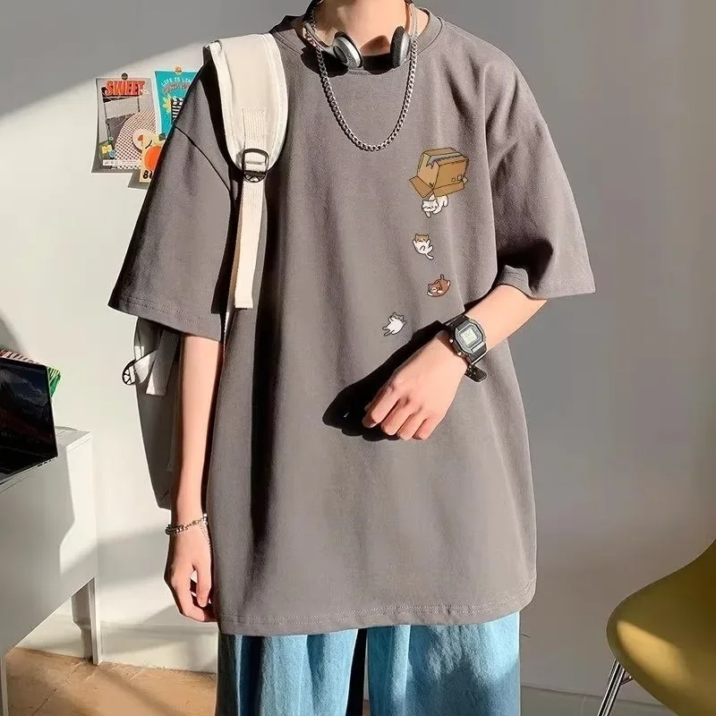 M-8XL Men Oversized Korean Fashion Loose American Vintage Carton Kitten Print Short Sleeve Versatile Trend Couple Outfit