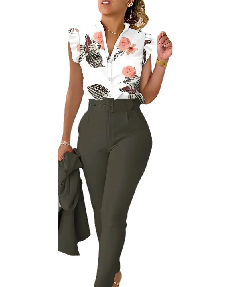 Women Elegant Shirt Pants Set Summer Print High Waist Casual Short Sleeve Two Piece Set Female Office Lady V Neck Trousers Suits