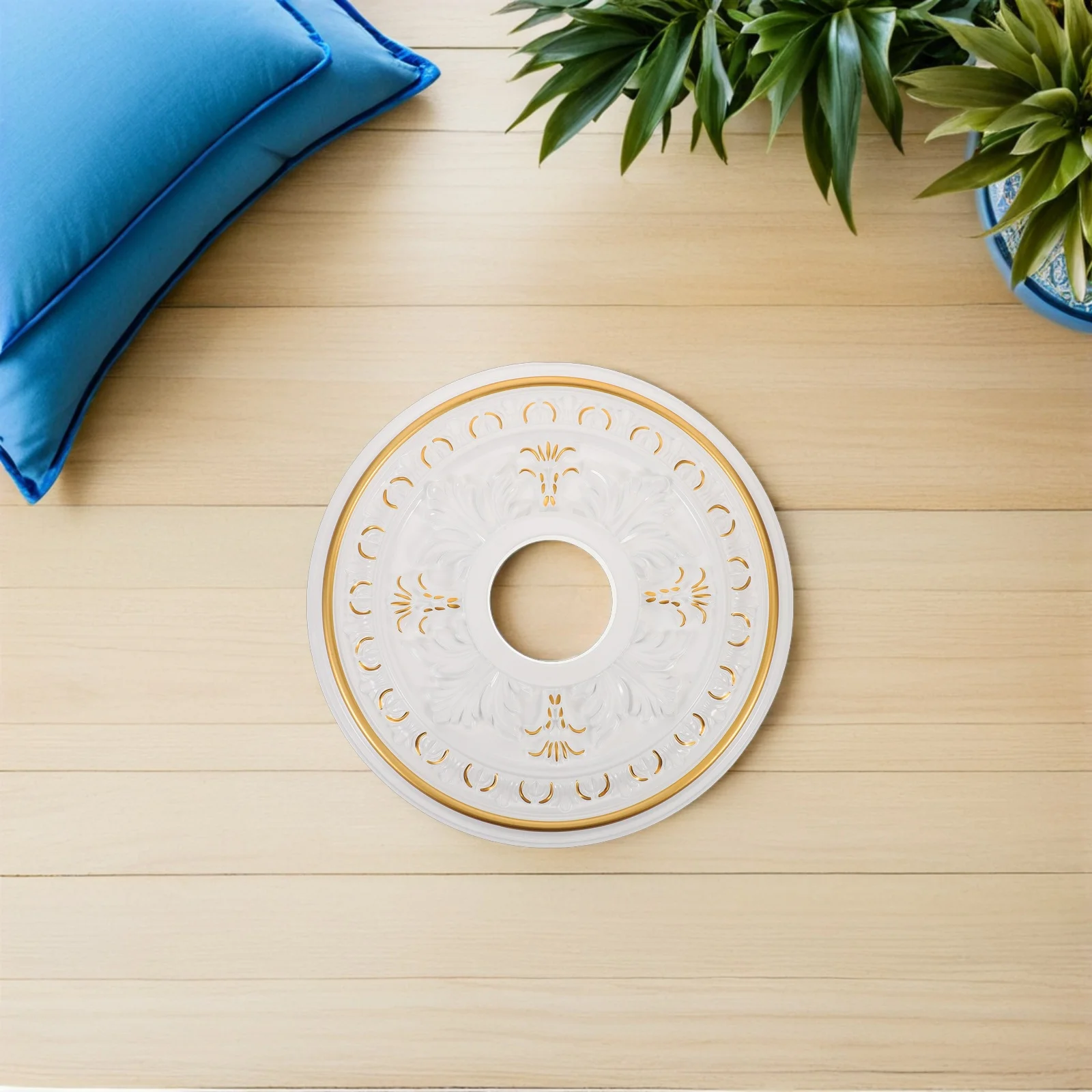 

Ornamental Ceiling Medallion for Light Fixtures 15.6 Inch Round White Finish Lightweight Plastic Decoration Plate for Hallway