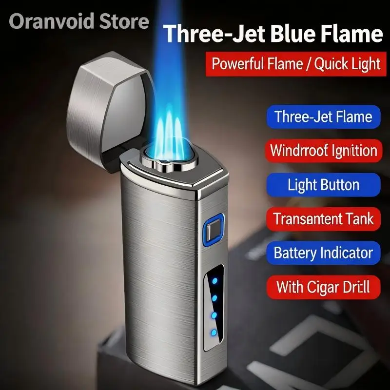 Metal USB Triple Torch Transom LED Jet Cigar Lighter Three Nozzle Turbo Windproof Cigar Lighter Smoking Accessories Men‘s Gift