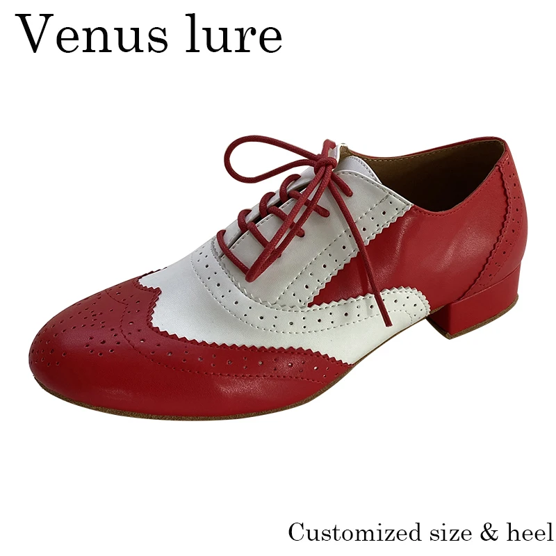 Venus Lure zapatos de baile de salón personalizados para hombres, cuero rojo y blanco, tacón de cuero, tamaño de 1 pulgada