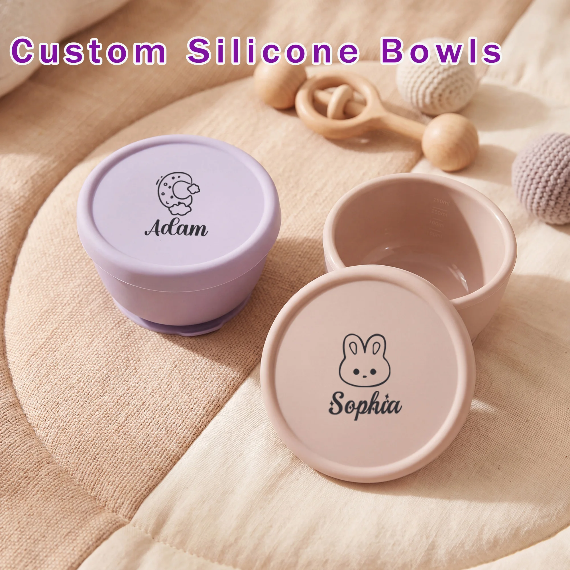 Personalized Silicone Baby Suction Bowl Custom Name Cartoon Pattern, BPA Free Toddler Feeding Bowl with Lid